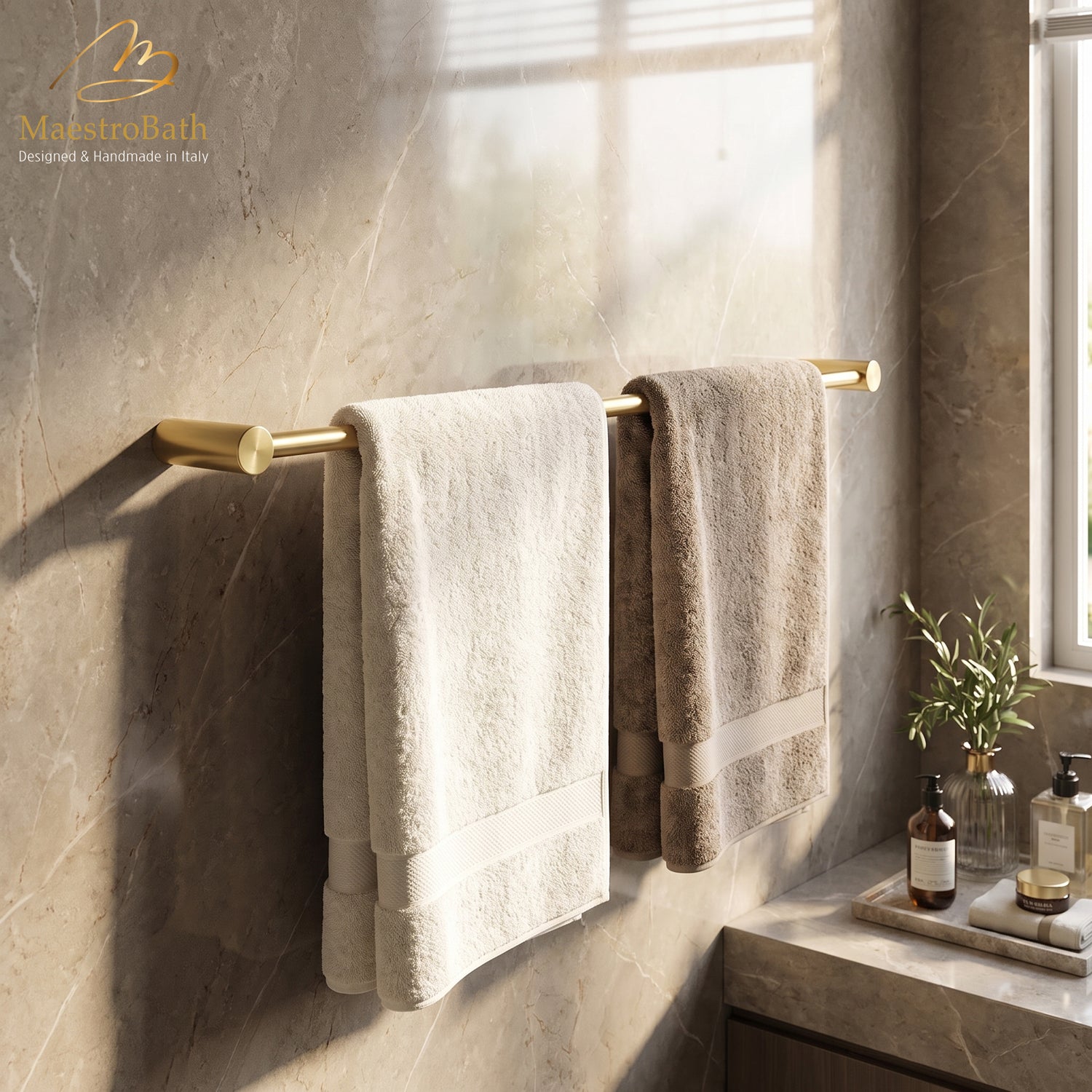 Long 23.6 inch brushed gold towel bar sized to hold two bath towels side by side, handmade in Italy