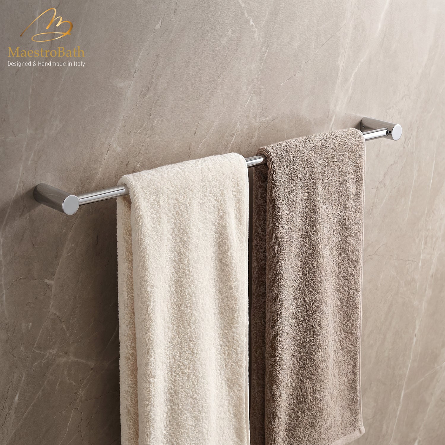 Long 23.6 inch polished chrome towel bar sized to hold two bath towels side by side, handmade in Italy