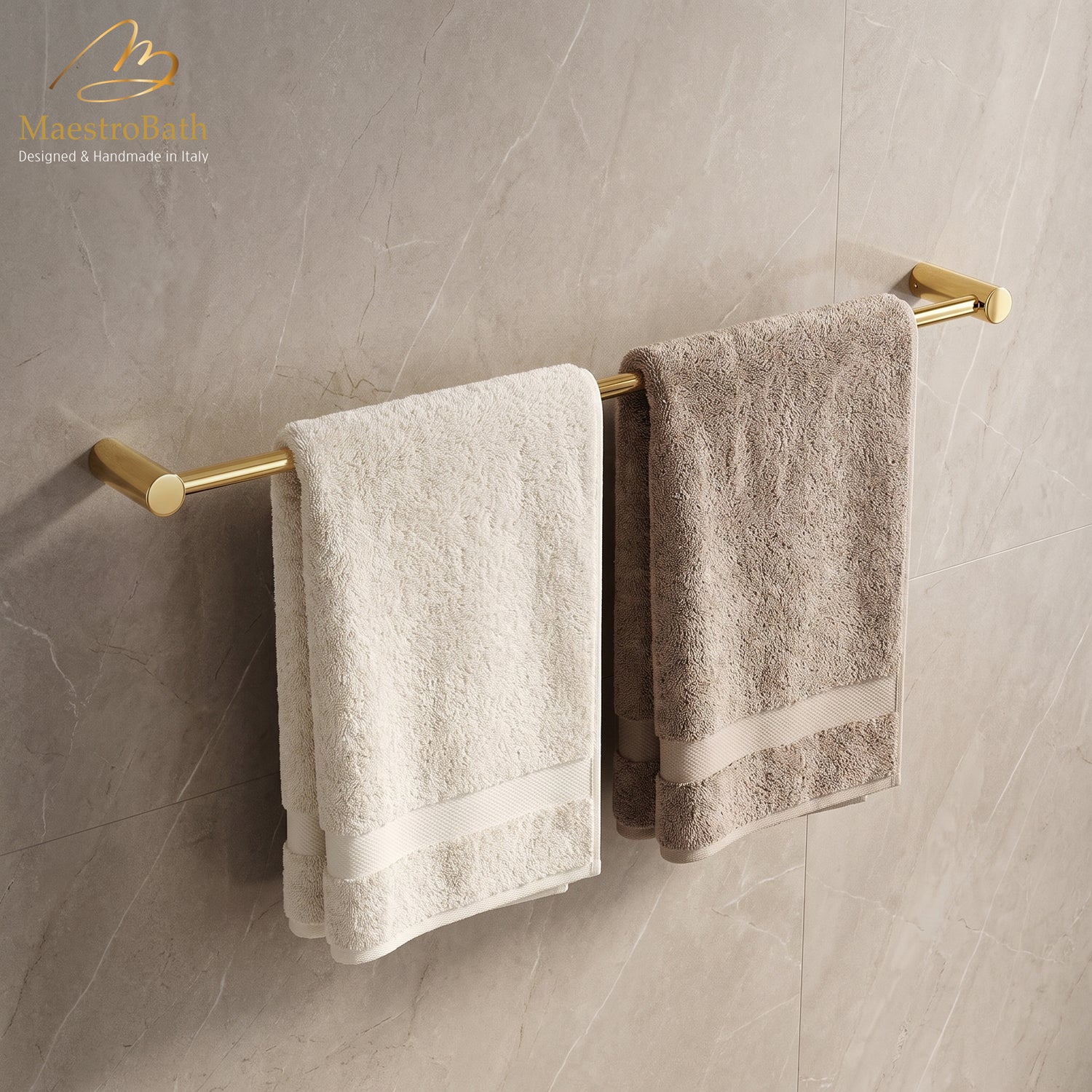 Long 23.6 inch polished gold towel bar sized to hold two bath towels side by side, handmade in Italy