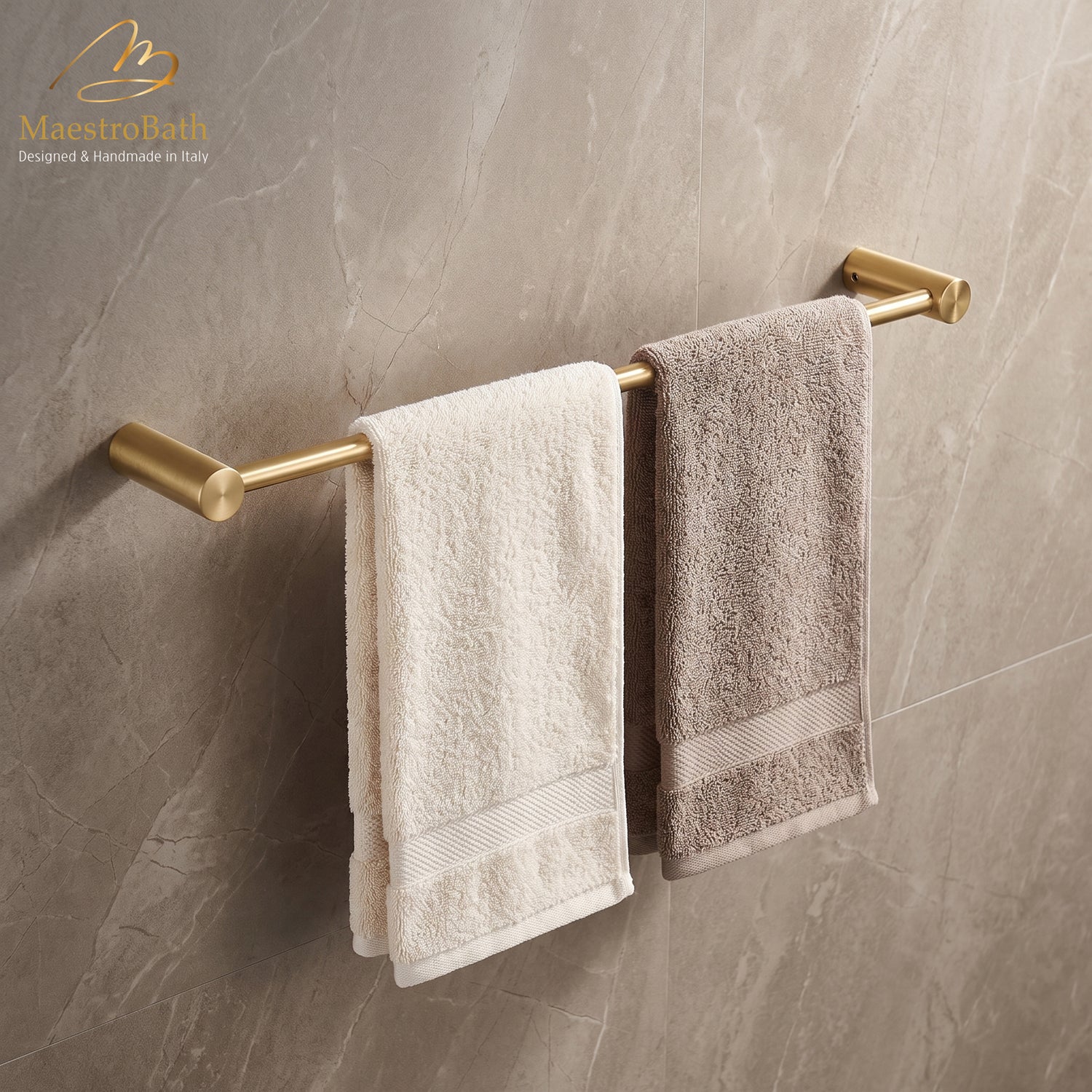 Brushed gold solid brass towel bar with a slim 0.7 inch wall profile, wall mounted, handmade in Italy