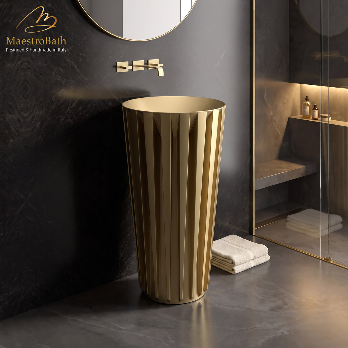 Floor standing resin pedestal sink, shown in gold, 19.4 inch by 19.4 inch and 35.4 inch high #color_gold