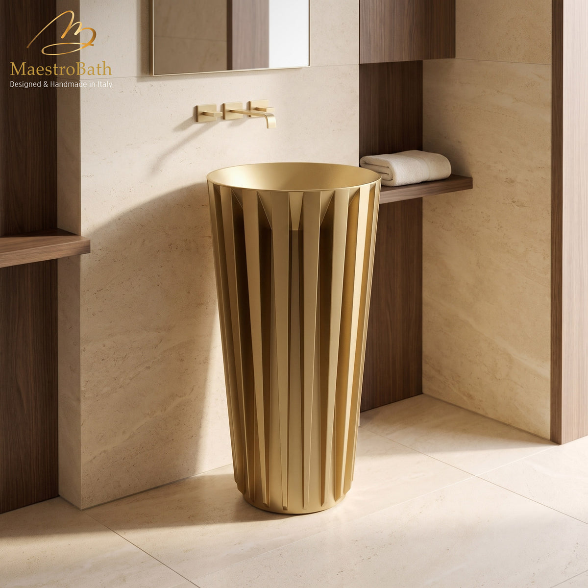 Floor standing resin pedestal sink, shown in gold, 19.4 inch by 19.4 inch and 35.4 inch high #color_gold