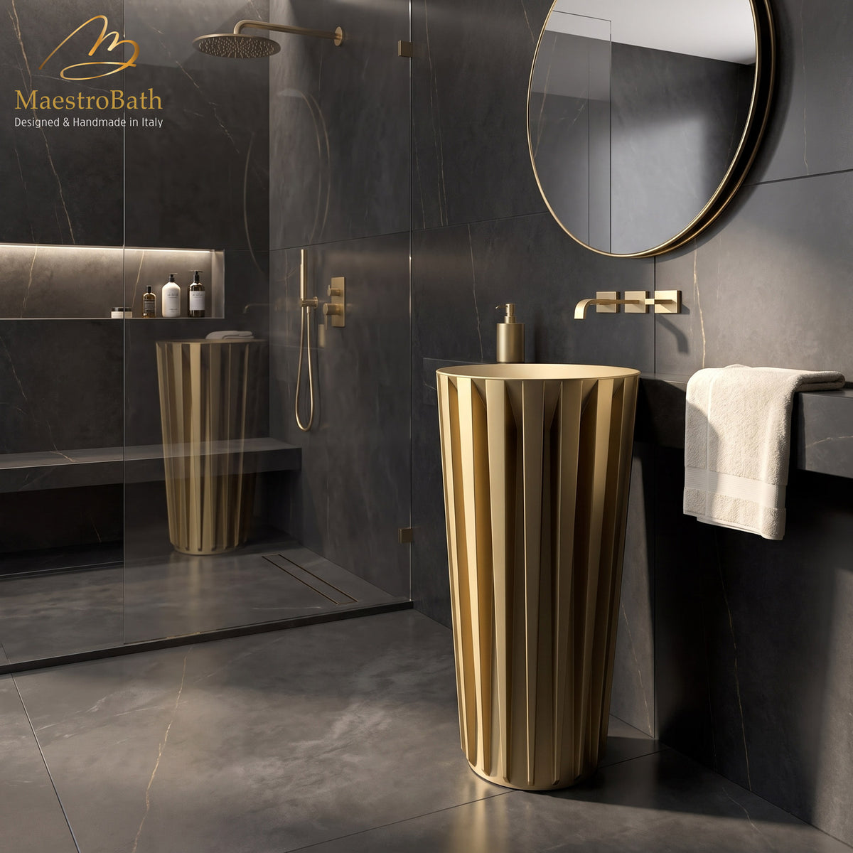Floor standing resin pedestal sink, shown in gold, 19.4 inch by 19.4 inch and 35.4 inch high #color_gold