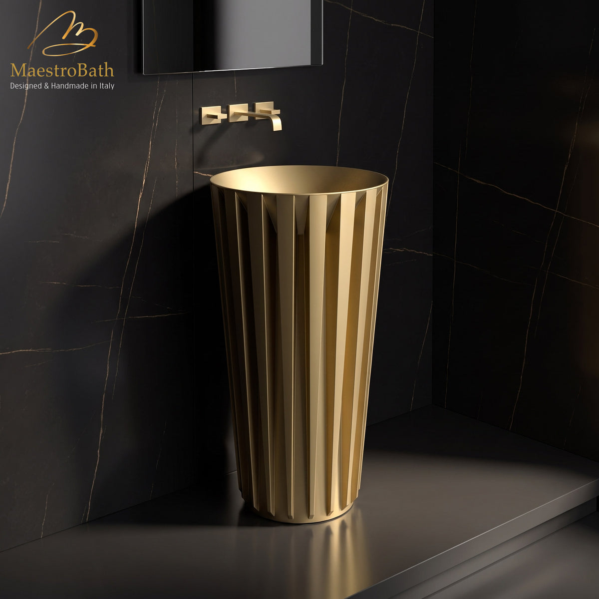 Floor standing resin pedestal sink, shown in gold, 19.4 inch by 19.4 inch and 35.4 inch high #color_gold