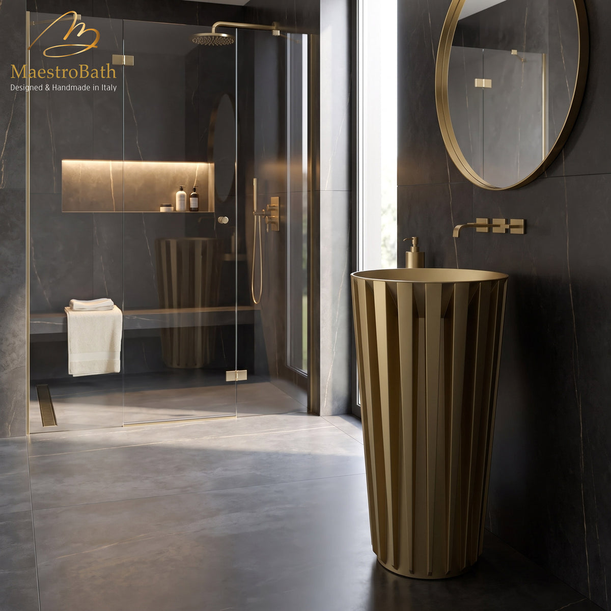 Floor standing resin pedestal sink, shown in gold, 19.4 inch by 19.4 inch and 35.4 inch high #color_gold