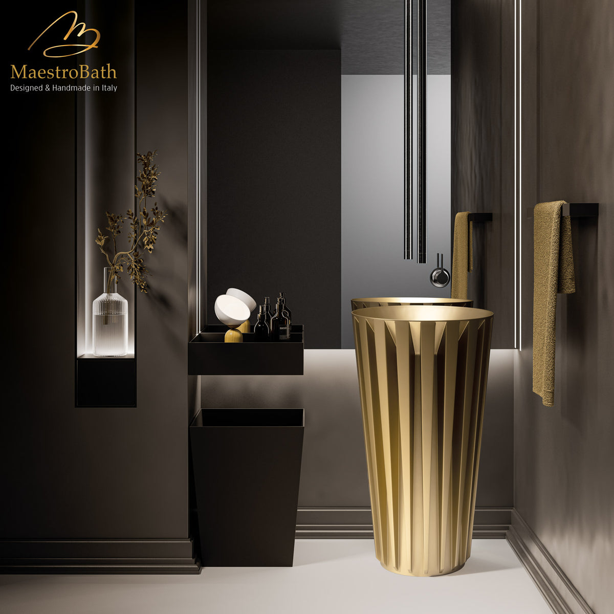 Floor standing resin pedestal sink, shown in gold, 19.4 inch by 19.4 inch and 35.4 inch high #color_gold