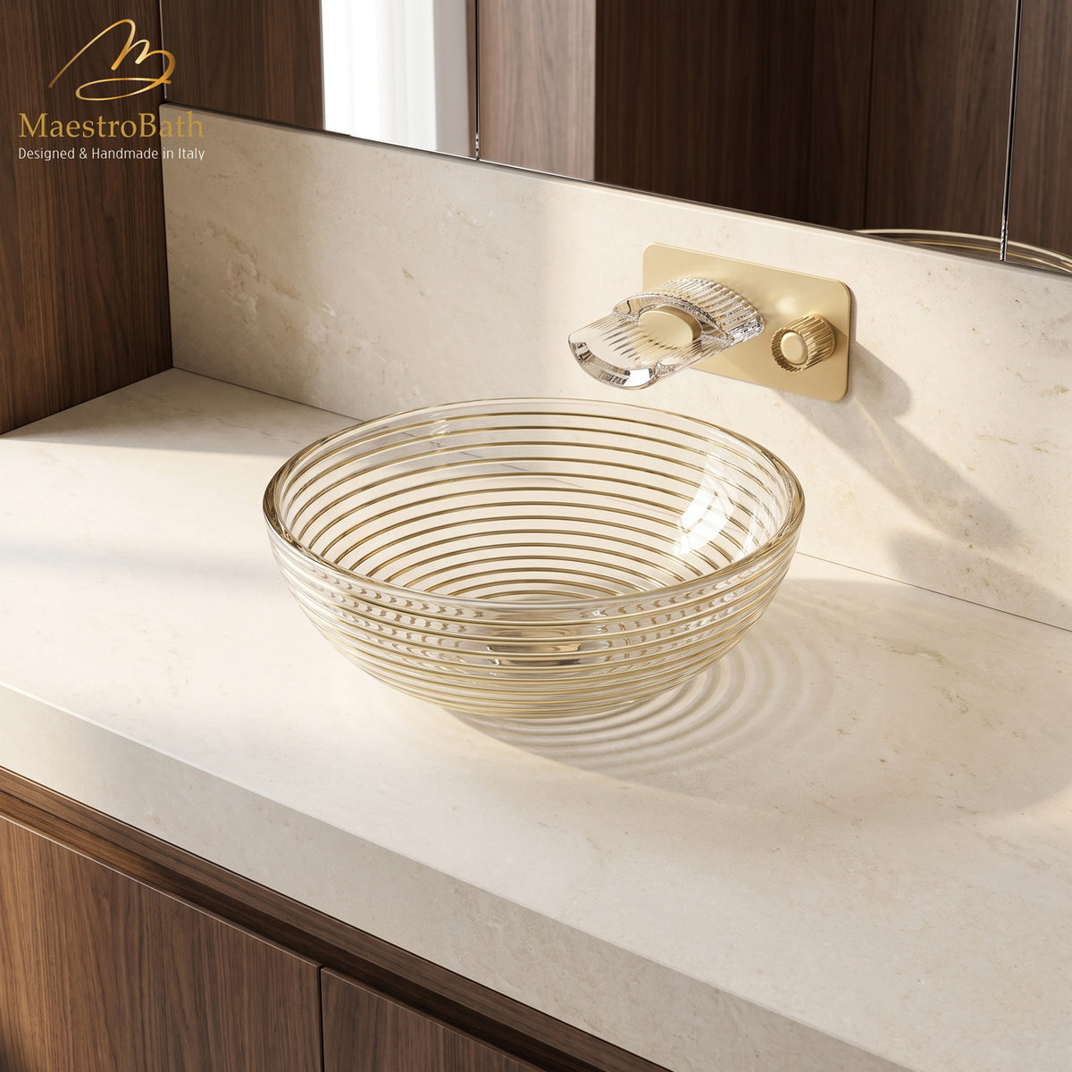 Echo Round Gold/Transparent Crystal Vessel Sink, shown in gold, 17.1 inch by 17.1 inch with a 6.8 inch basin depth