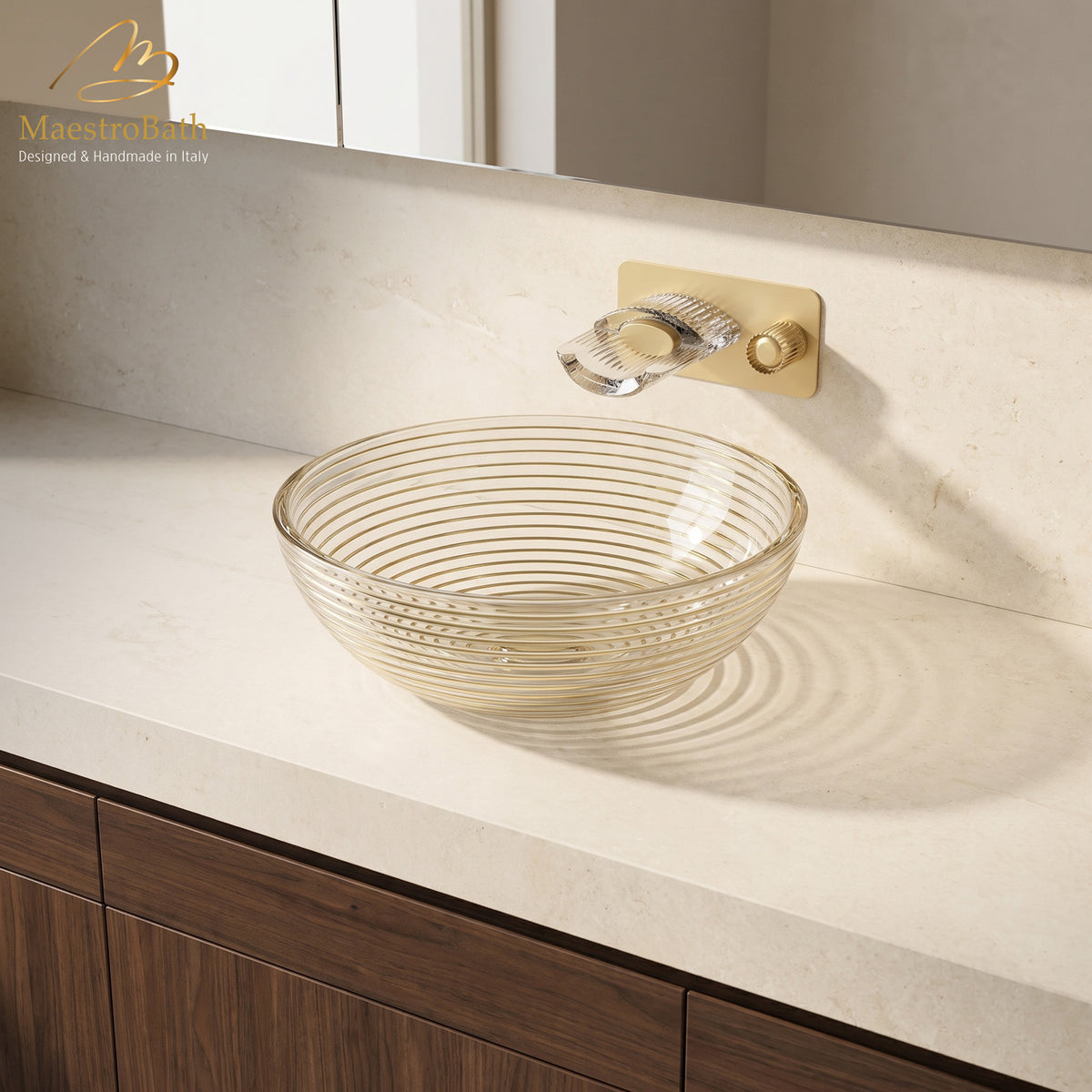 Echo Round Gold/Transparent Crystal Vessel Sink, shown in gold, 17.1 inch by 17.1 inch with a 6.8 inch basin depth