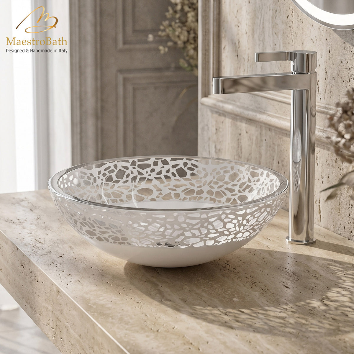 Atelier Flair White Mat Glass Vessel Sink, shown in white, 16 inch by 16 inch with a 6 inch basin depth