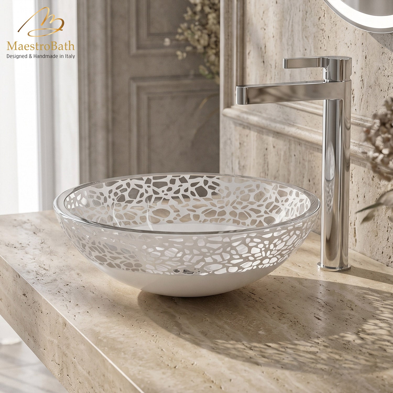 Atelier Flair White Mat Glass Vessel Sink, shown in white, 16 inch by 16 inch with a 6 inch basin depth