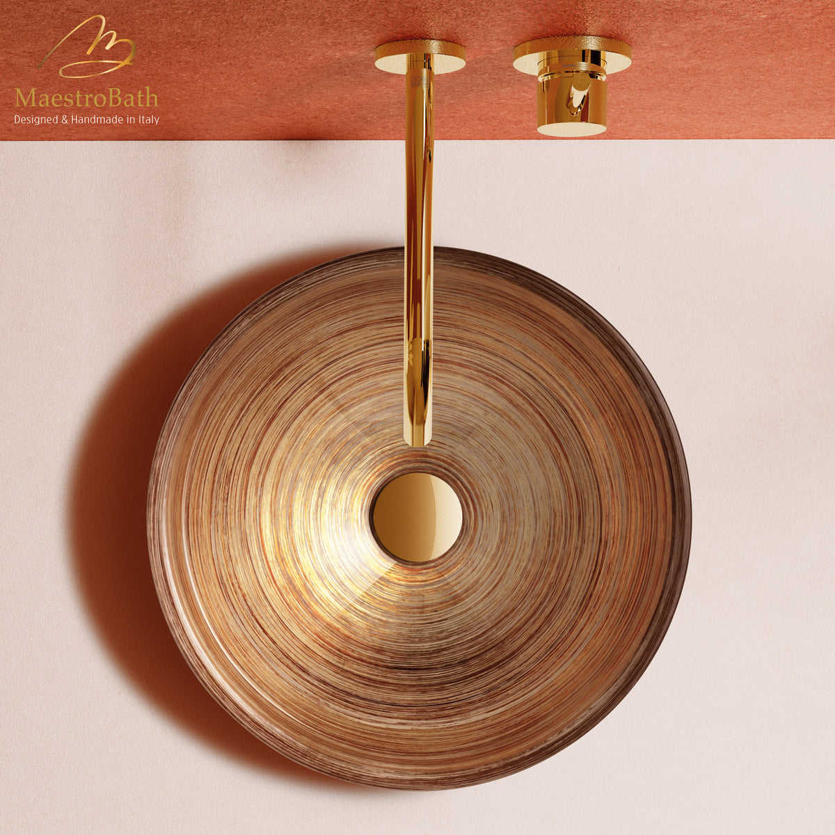 Atelier Graffiti Designer Bath Sink, shown in red and gold, 17.4 inch by 17.4 inch with a 5.9 inch basin depth #color_red gold ivory