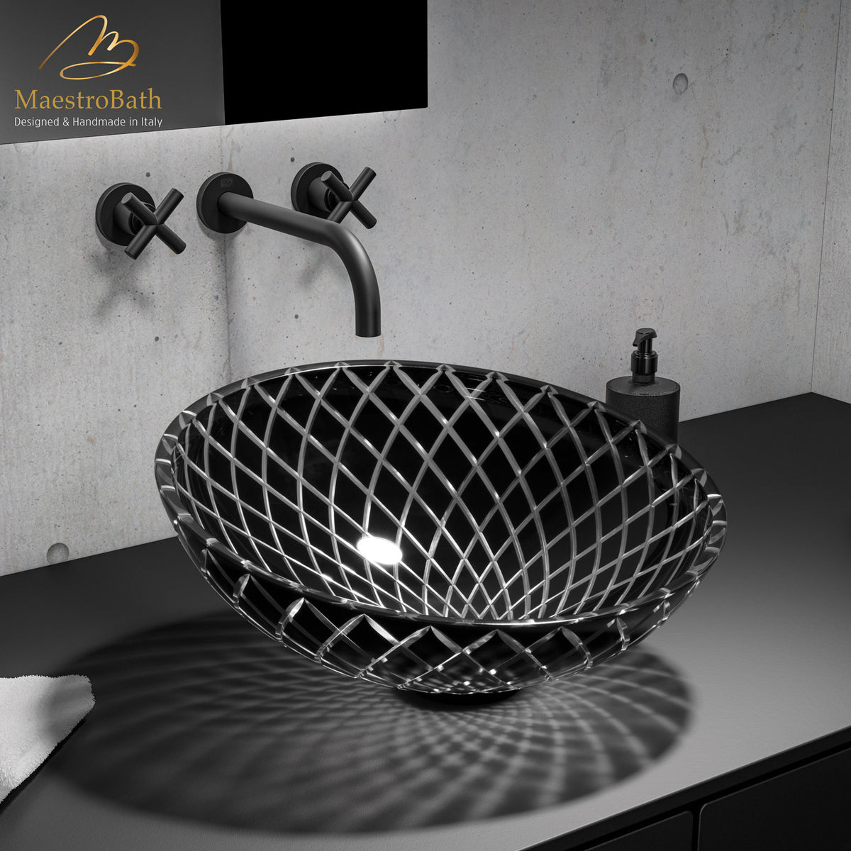 Above counter crystal vessel sink, shown in black and transparent, 17.3 inch by 17.3 inch with a 8.7 inch basin depth #color_black transparent