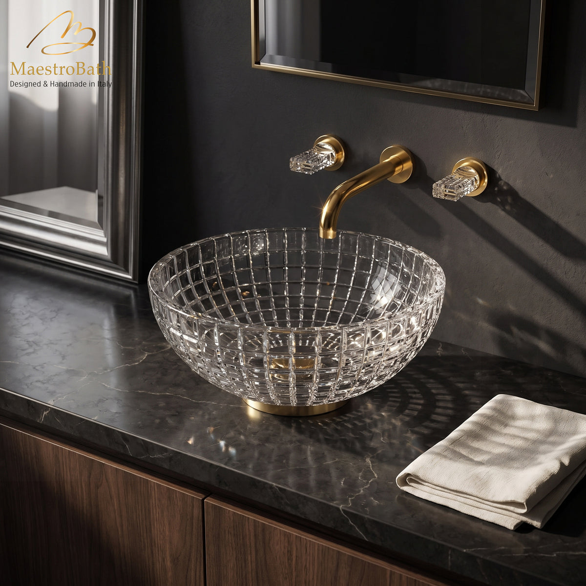 Above counter round crystal vessel sink, shown in transparent, 17.3 inch by 17.3 inch with a 6.3 inch basin depth