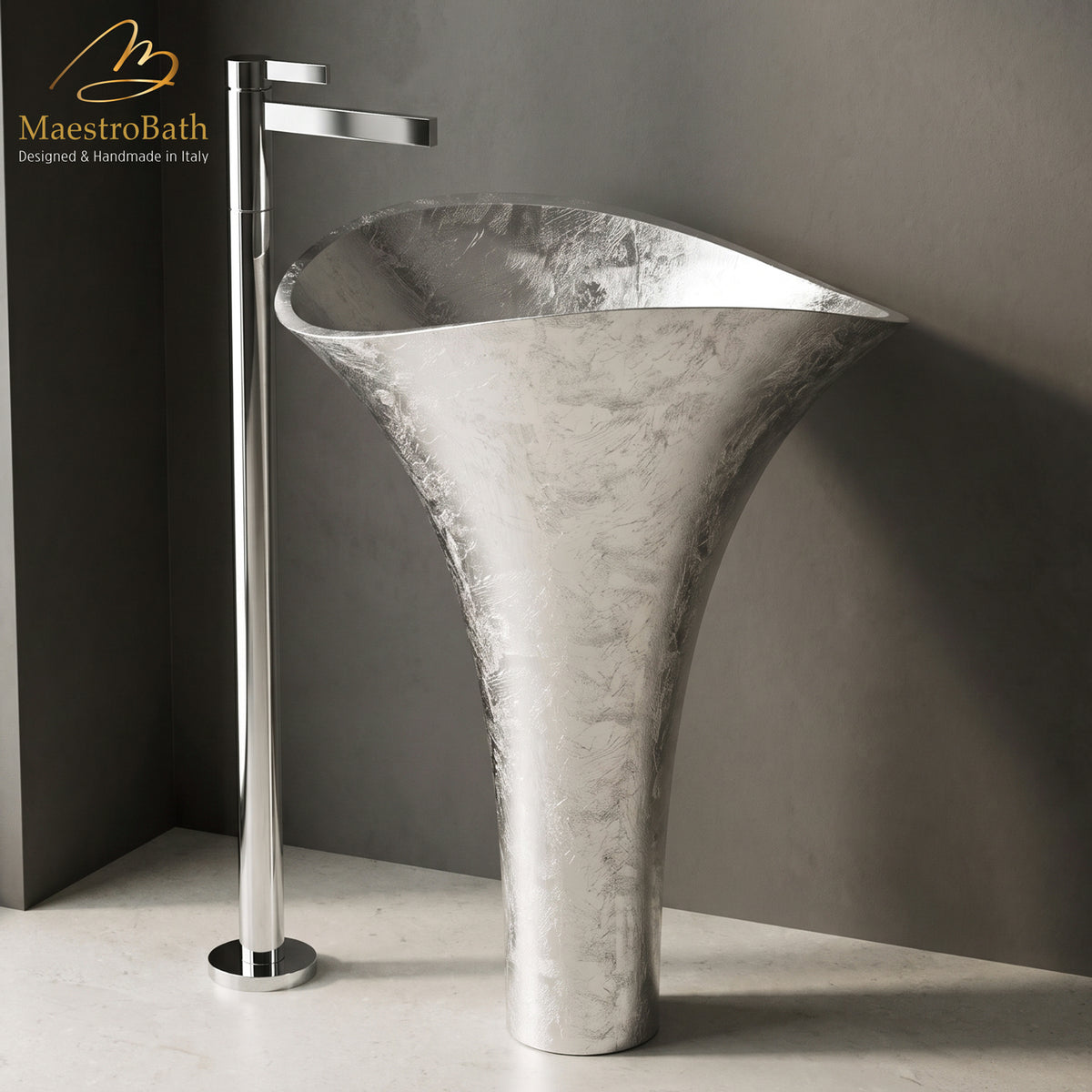 Polished chrome floor mounted faucet with an 8.3 inch spout reach over a silver leaf pedestal sink #color_polished chrome