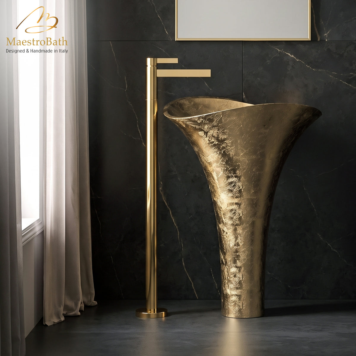 CASO freestanding bathroom faucet in polished gold, floor mounted beside a gold leaf pedestal sink with an 8.3 inch spout reach #color_polished gold