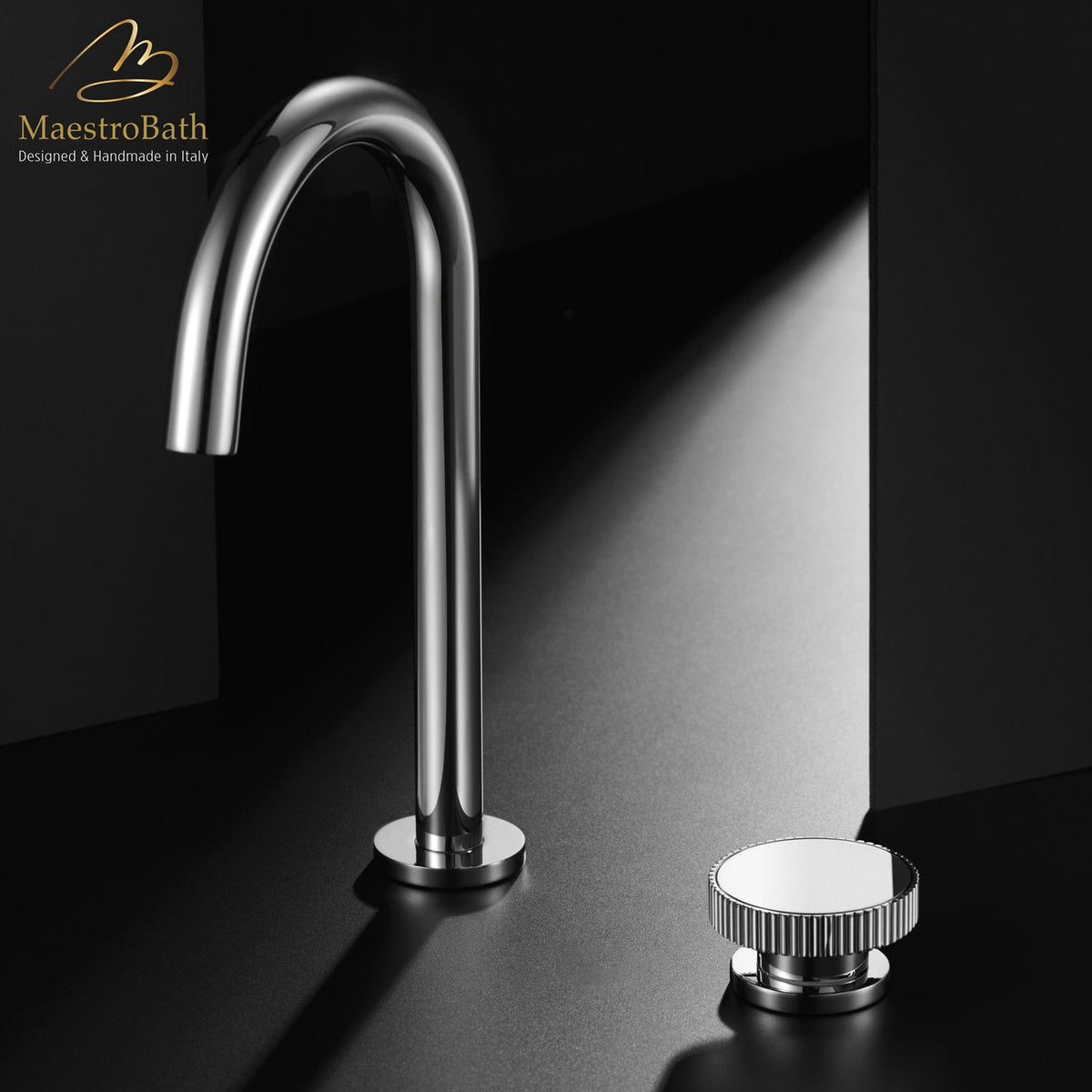 Deck mounted brass two hole bathroom faucet, shown in polished chrome, 10.8 inch spout height and a 5.6 inch spout reach
