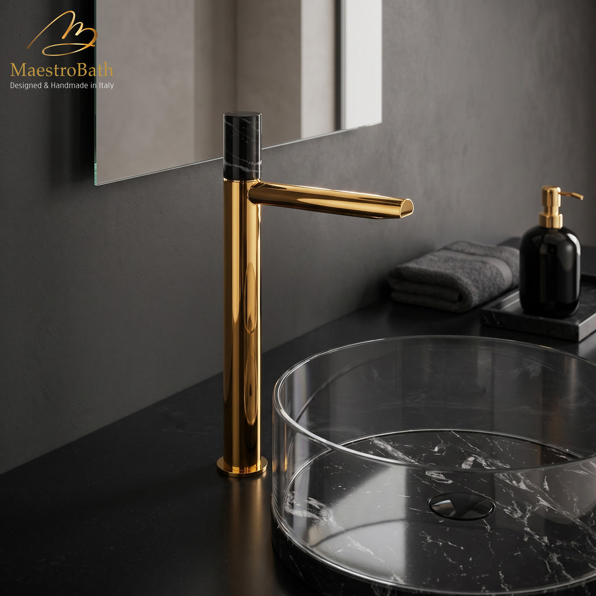 Marble High Bathroom Faucet, shown in polished gold, 13.3 inch spout height and a 6.6 inch spout reach #color_polished gold