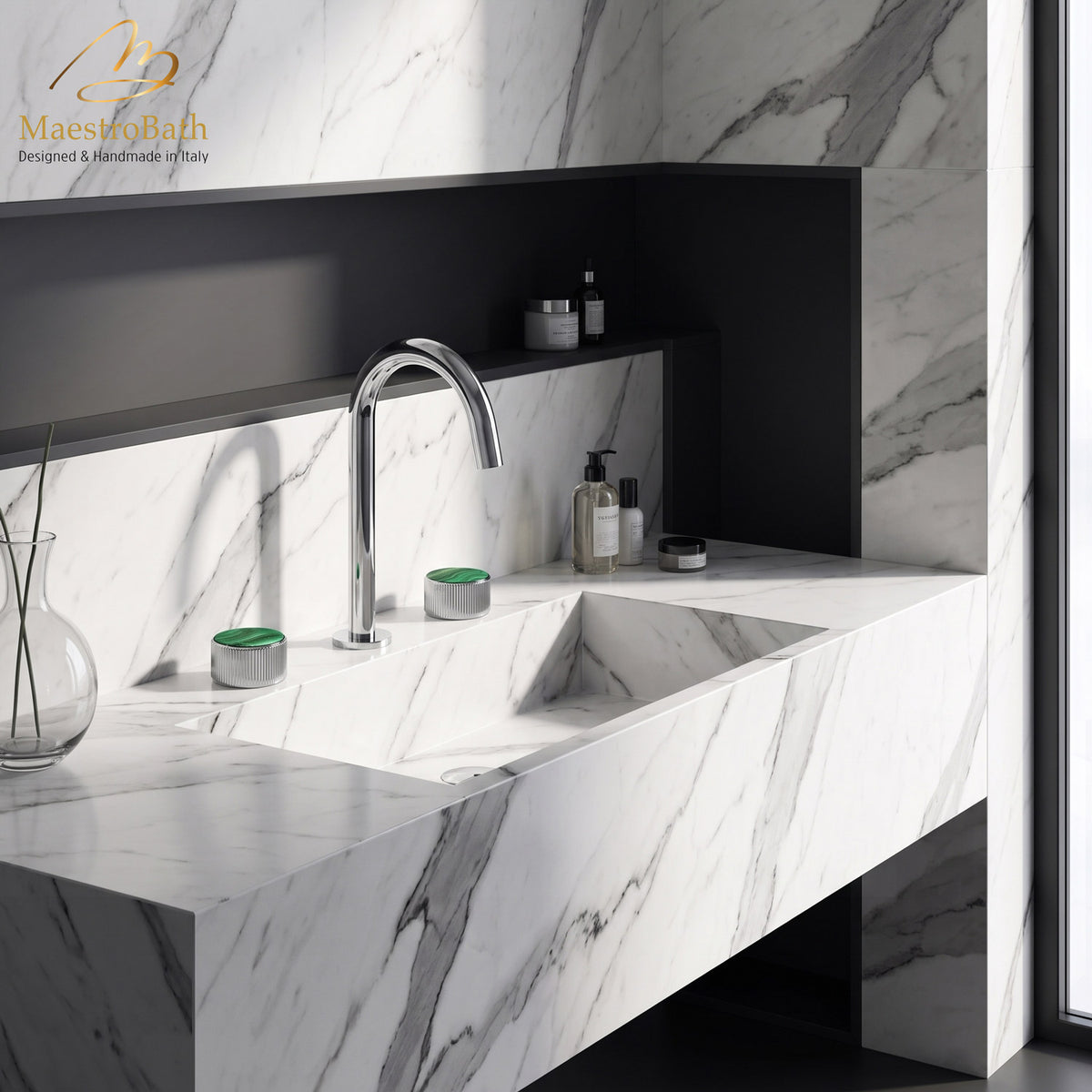 Deck mounted brass three hole bathroom faucet, shown in polished chrome, 11 inch spout height and a 5.5 inch spout reach