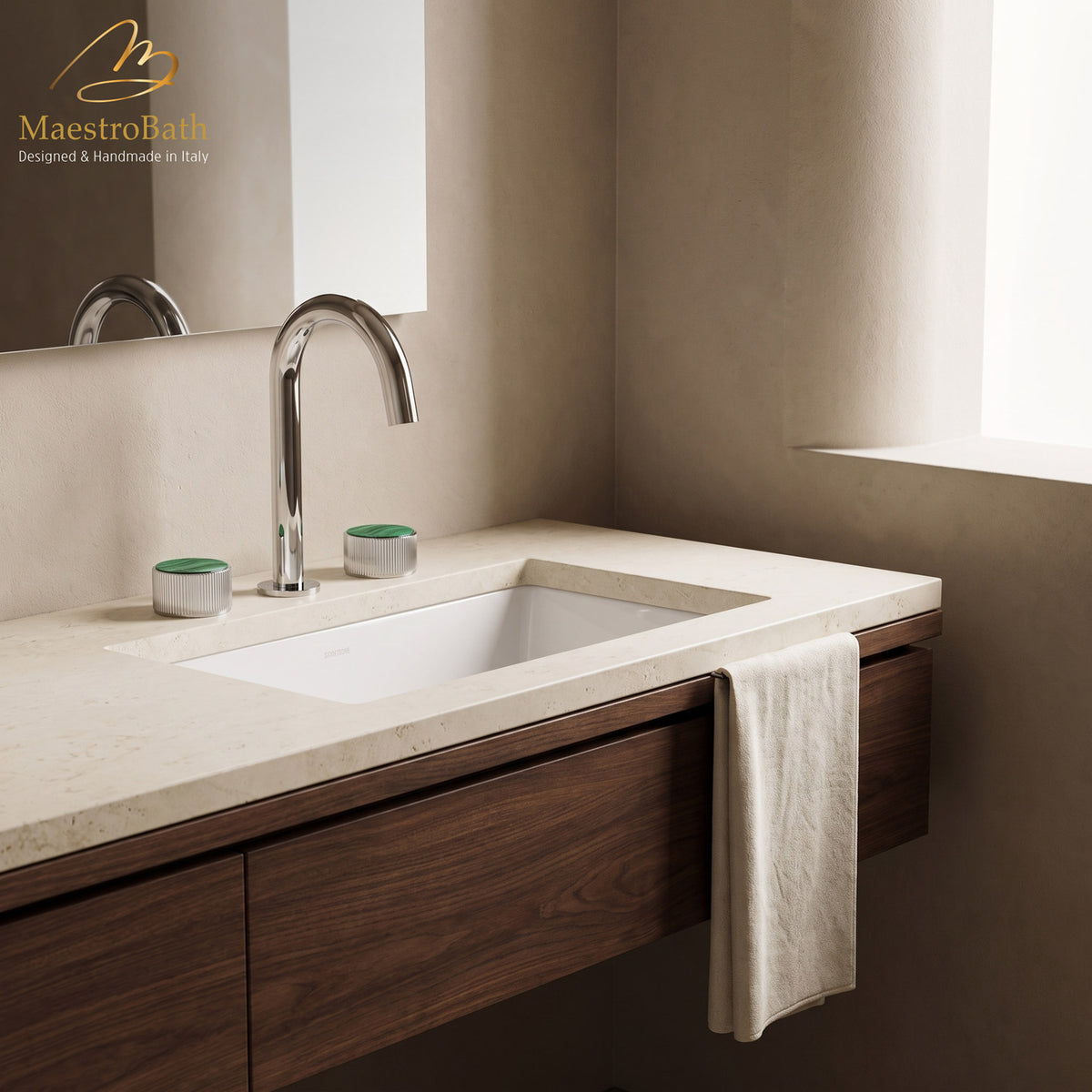 Deck mounted brass three hole bathroom faucet, shown in polished chrome, 11 inch spout height and a 5.5 inch spout reach