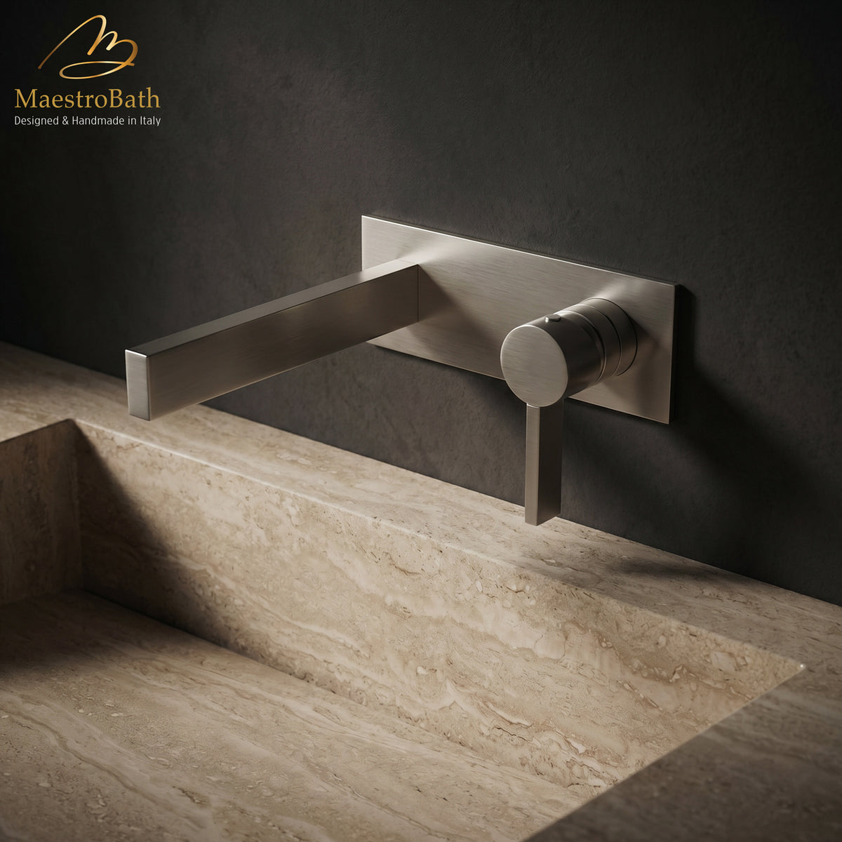 Caso Luxury Wall-Mount Bathroom Faucet, shown in brushed gold, 3.1 inch spout height and a 8.6 inch spout reach #color_brushed nickel
