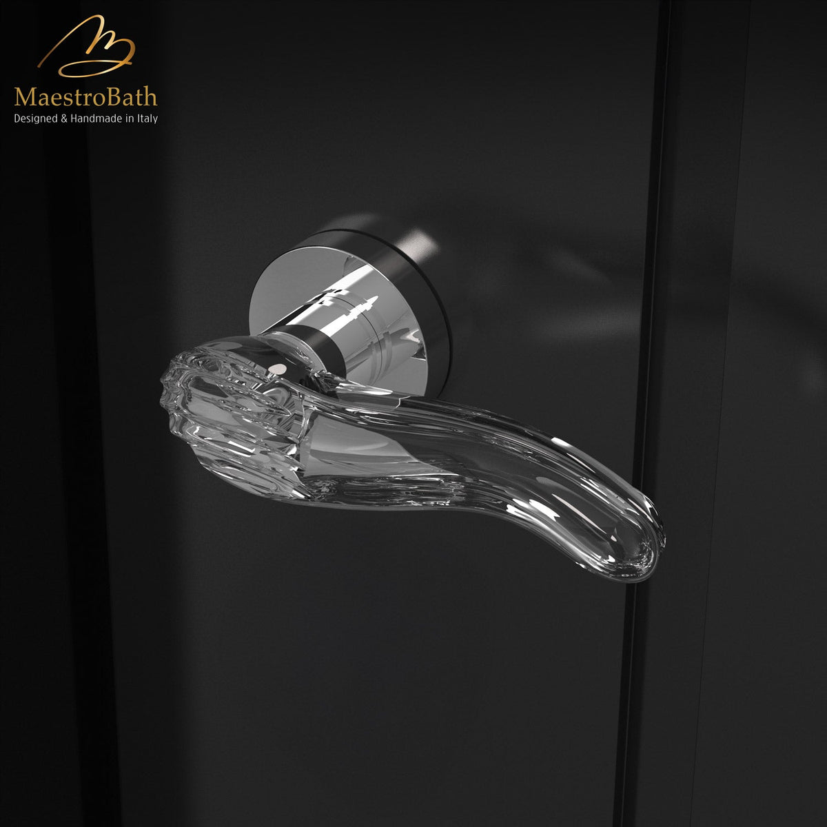 Brass and crystal door handle, shown in clear and chrome, 5 inch by 2 inch by 2.1 inch