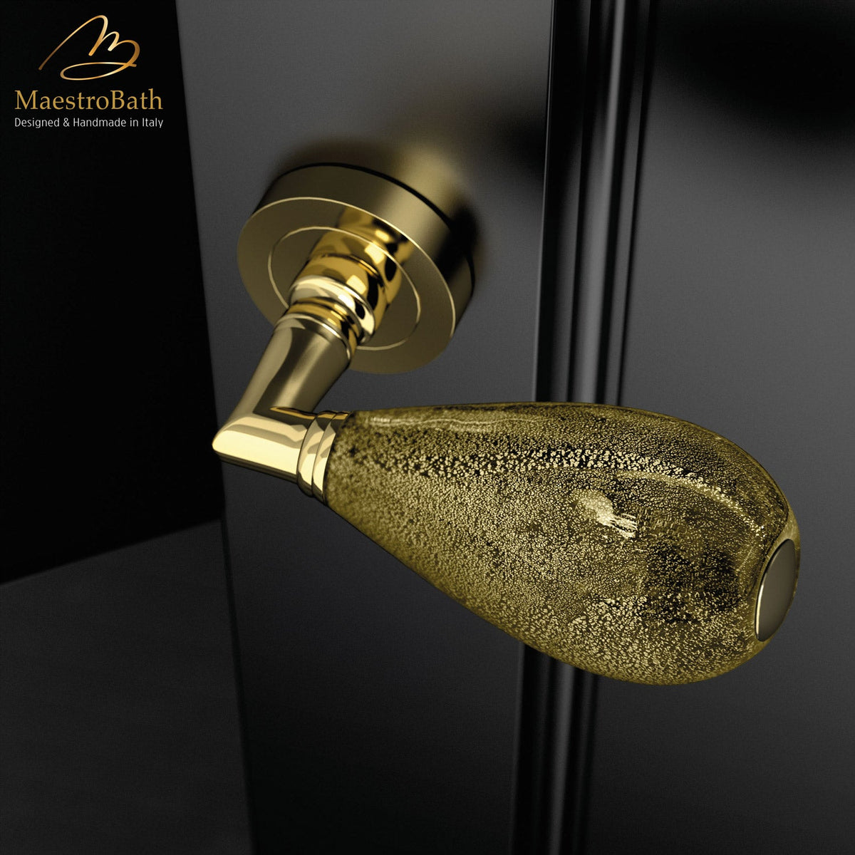 Brass and Murano glass door handle, shown in polished brass, 5.3 inch by 1.9 inch by 3.1 inch