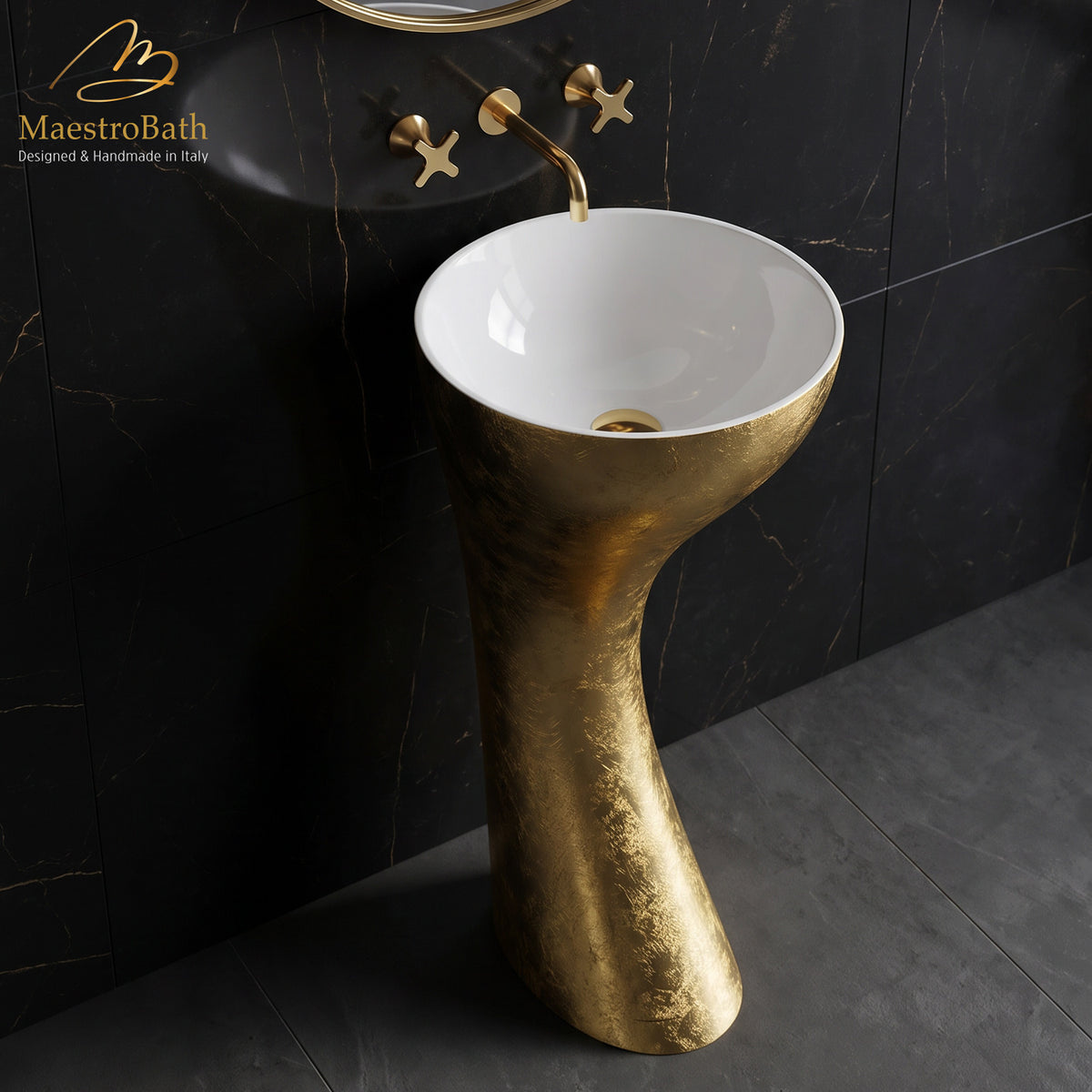 Swan Luxury Pedestal Sink, shown in gold, 17.7 inch by 17.7 inch and 35.4 inch high #color_gold leaf