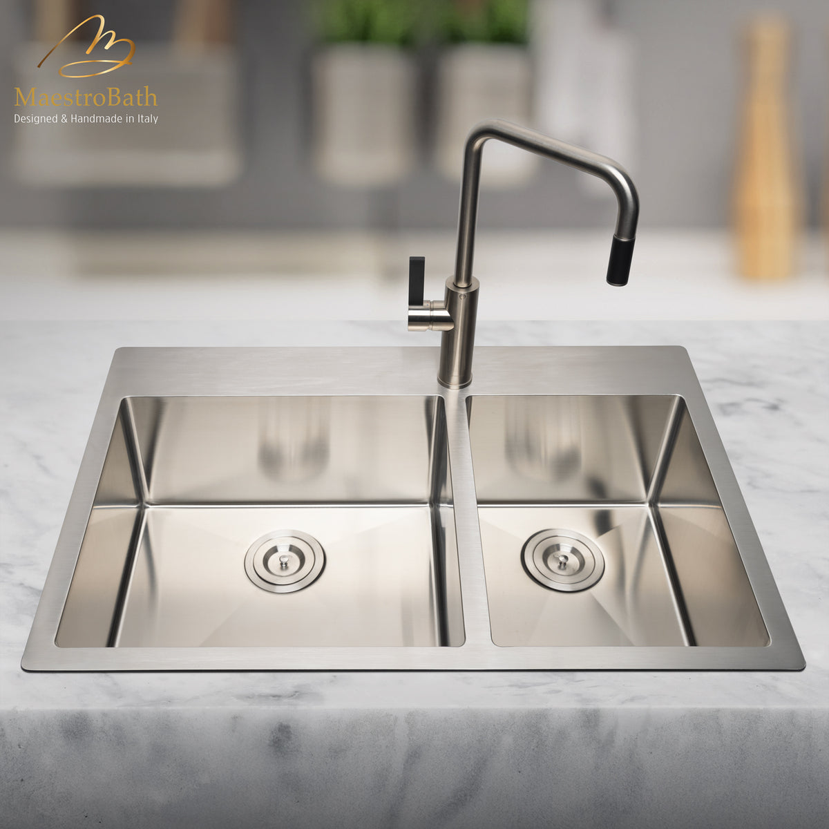 Deck mounted brass kitchen faucet, shown in brushed nickel, with pull out spray, 16 inch by 9 inch by 10 inch #color_brushed nickel
