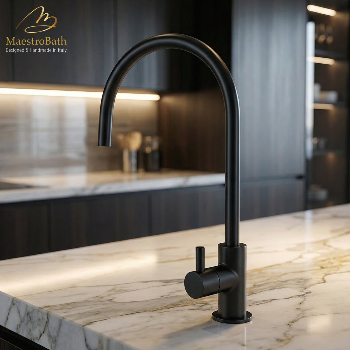 Deck mounted brass kitchen faucet, shown in brushed gold, 7.1 inch by 1.2 inch by 12.6 inch, made of lead-free brass #color_black