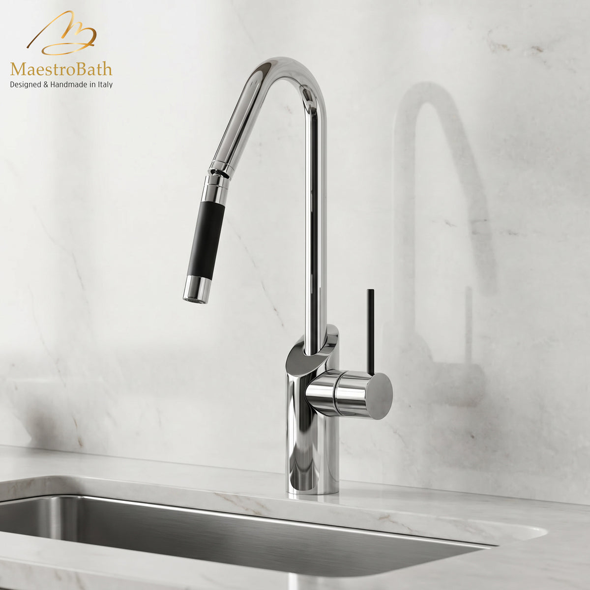 Deck mounted brass kitchen faucet, shown in polished chrome, 15 inch by 6 inch by 8 inch, made of lead-free brass #color_polished chrome
