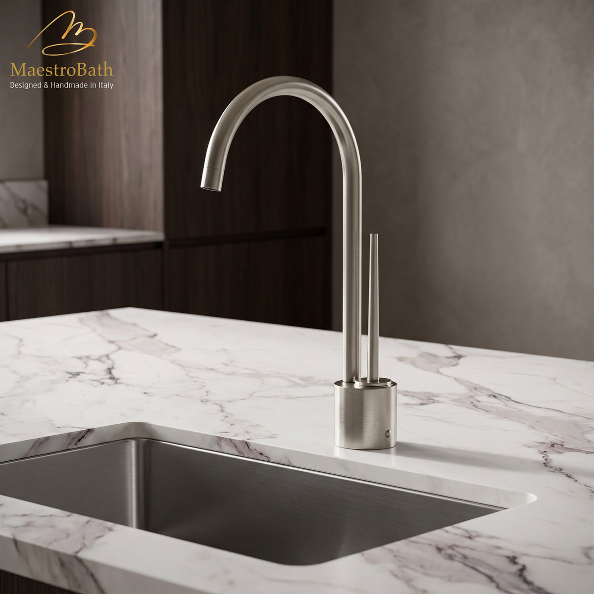 Deck mounted brass kitchen faucet, shown in brushed nickel, 15 inch by 7.5 inch by 10.5 inch, made of lead-free brass