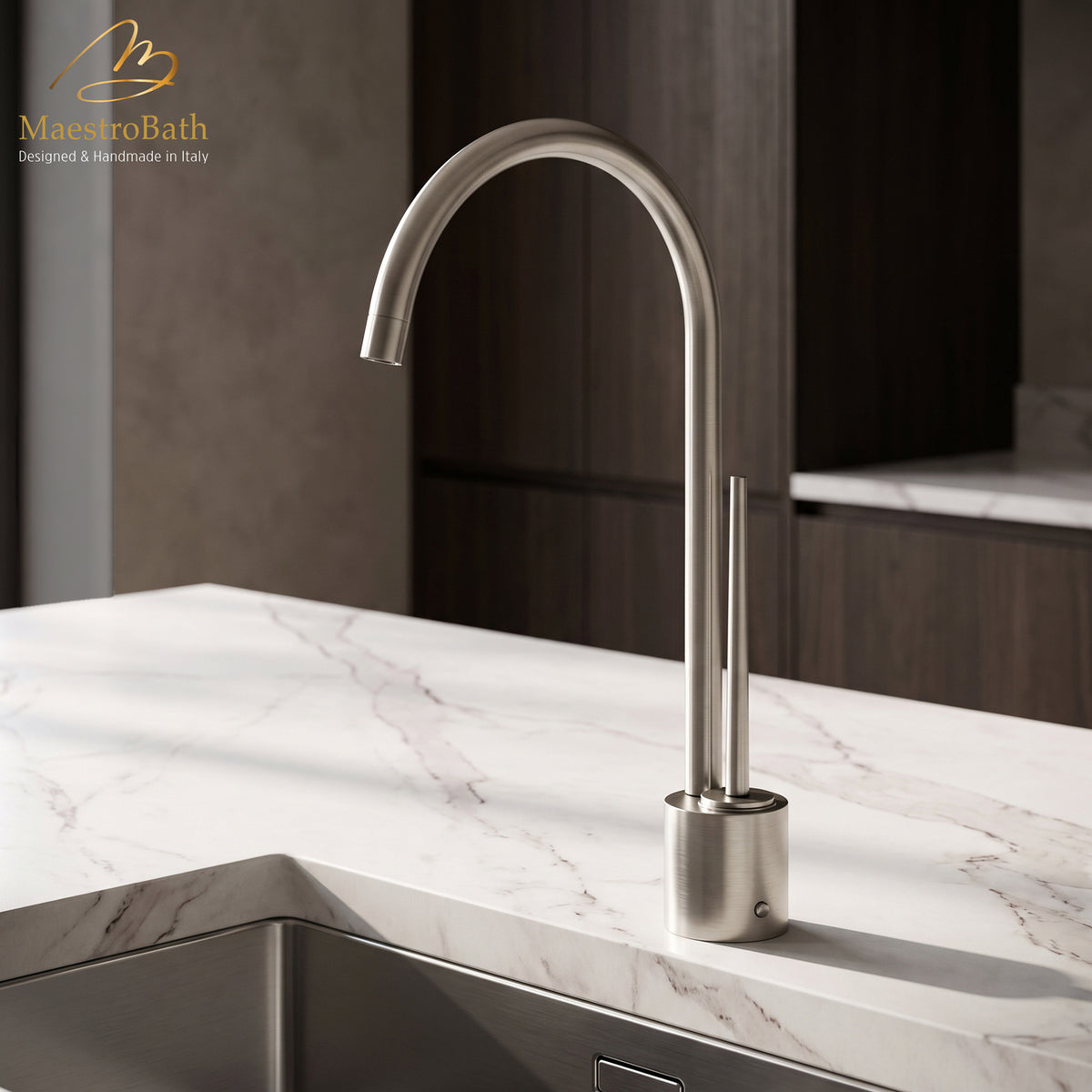 Deck mounted brass kitchen faucet, shown in brushed nickel, 15 inch by 7.5 inch by 10.5 inch, made of lead-free brass