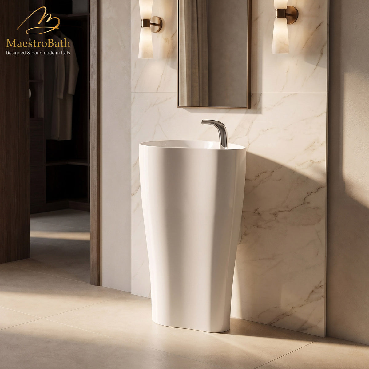 Floor standing resin pedestal sink, shown in white, 23.6 inch by 15.7 inch and 35.4 inch high #color_white