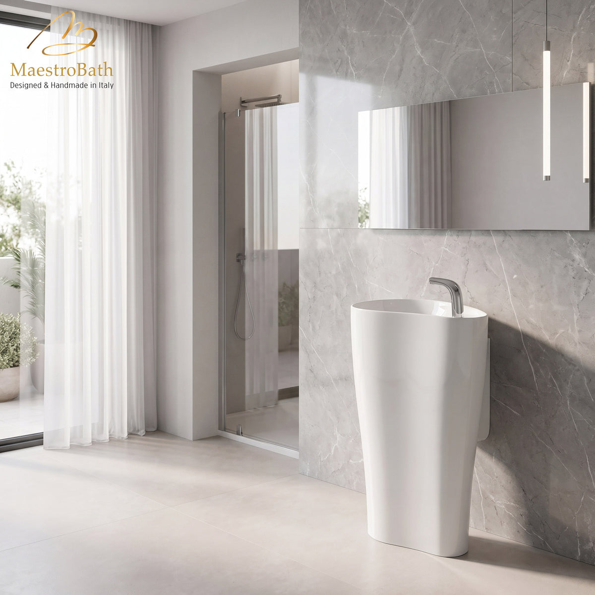 Floor standing resin pedestal sink, shown in white, 23.6 inch by 15.7 inch and 35.4 inch high #color_white
