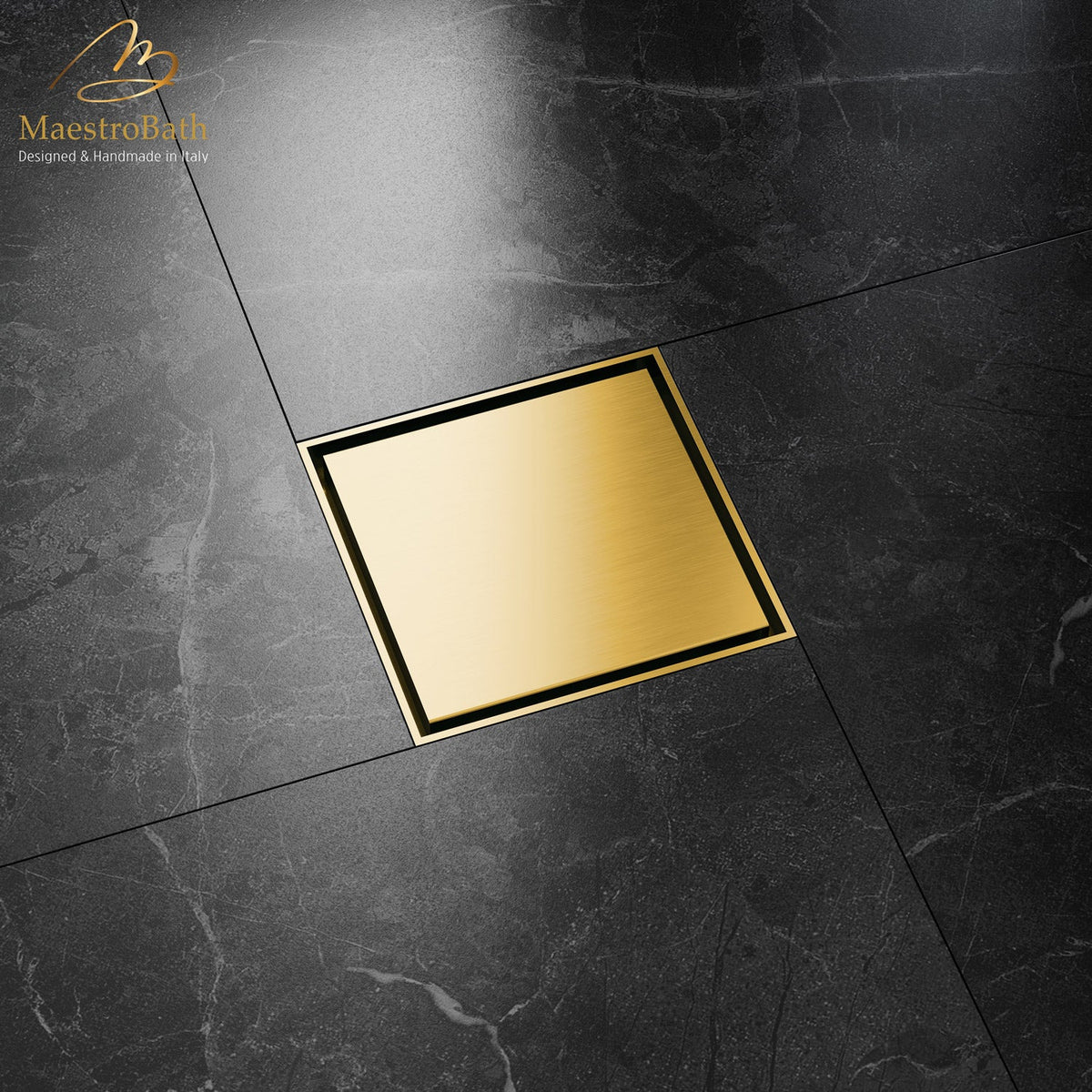 Brass linear shower drain, shown in brushed gold, 3.9 inch by 3.9 inch by 0.9 inch, made of lead-free brass