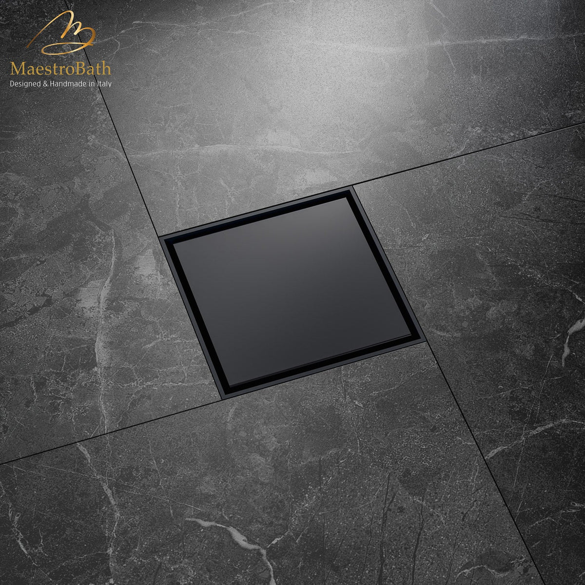 Brass linear shower drain, shown in matte black, 3.9 inch by 3.9 inch by 0.9 inch, made of lead-free brass
