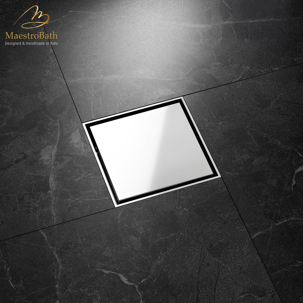 Brass linear shower drain, shown in polished chrome, 3.9 inch by 3.9 inch by 0.9 inch, made of lead-free brass