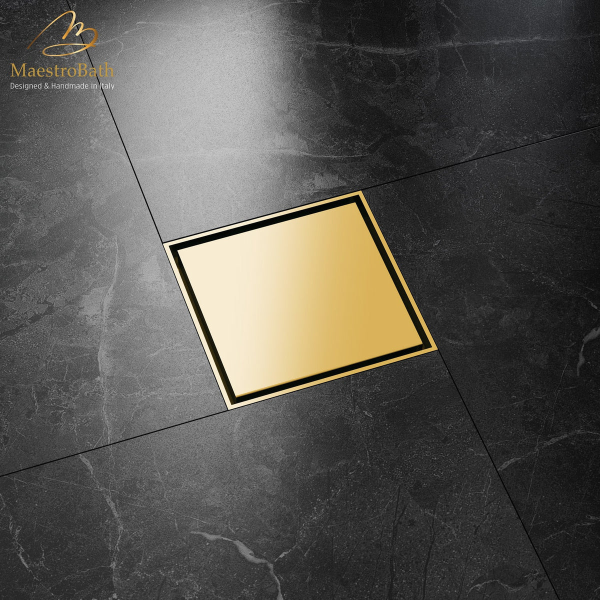 Brass linear shower drain, shown in polished gold, 3.9 inch by 3.9 inch by 0.9 inch, made of lead-free brass
