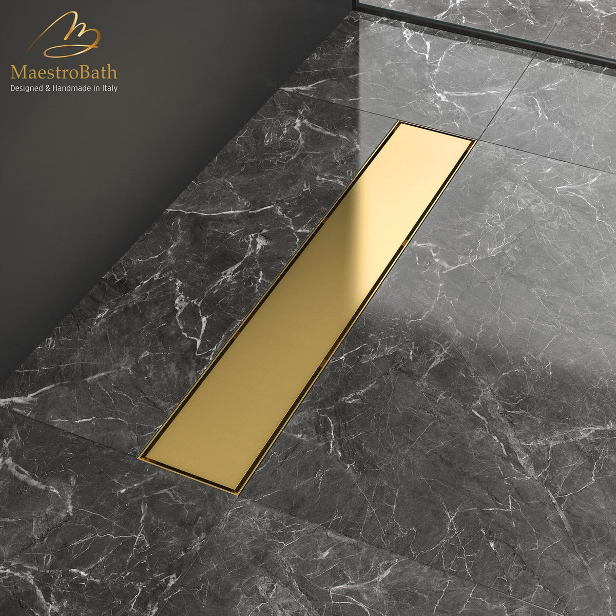 Brass linear shower drain, shown in brushed gold, 23.6 inch by 3.9 inch by 0.9 inch, made of lead-free brass