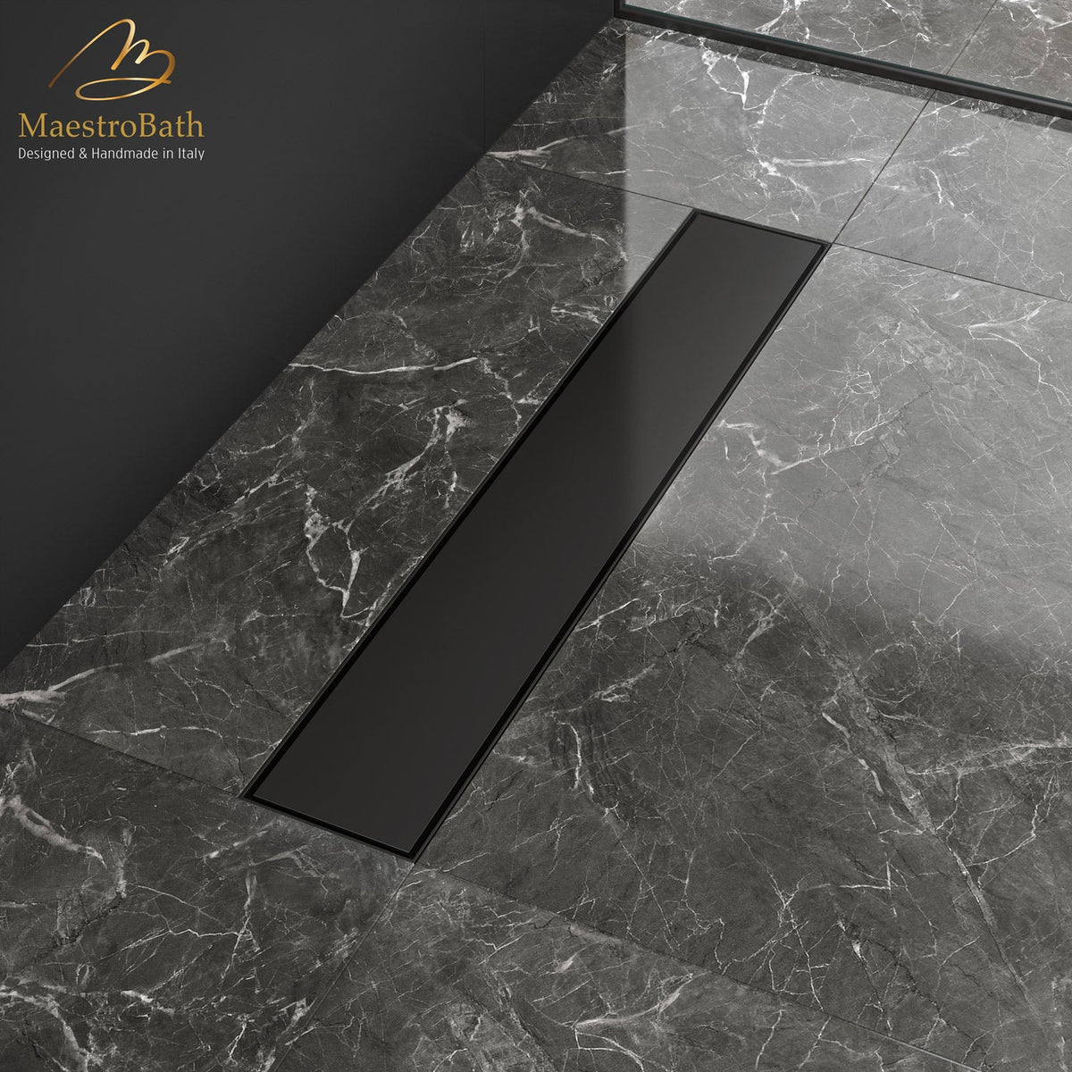Brass linear shower drain, shown in matte black, 23.6 inch by 3.9 inch by 0.9 inch, made of lead-free brass