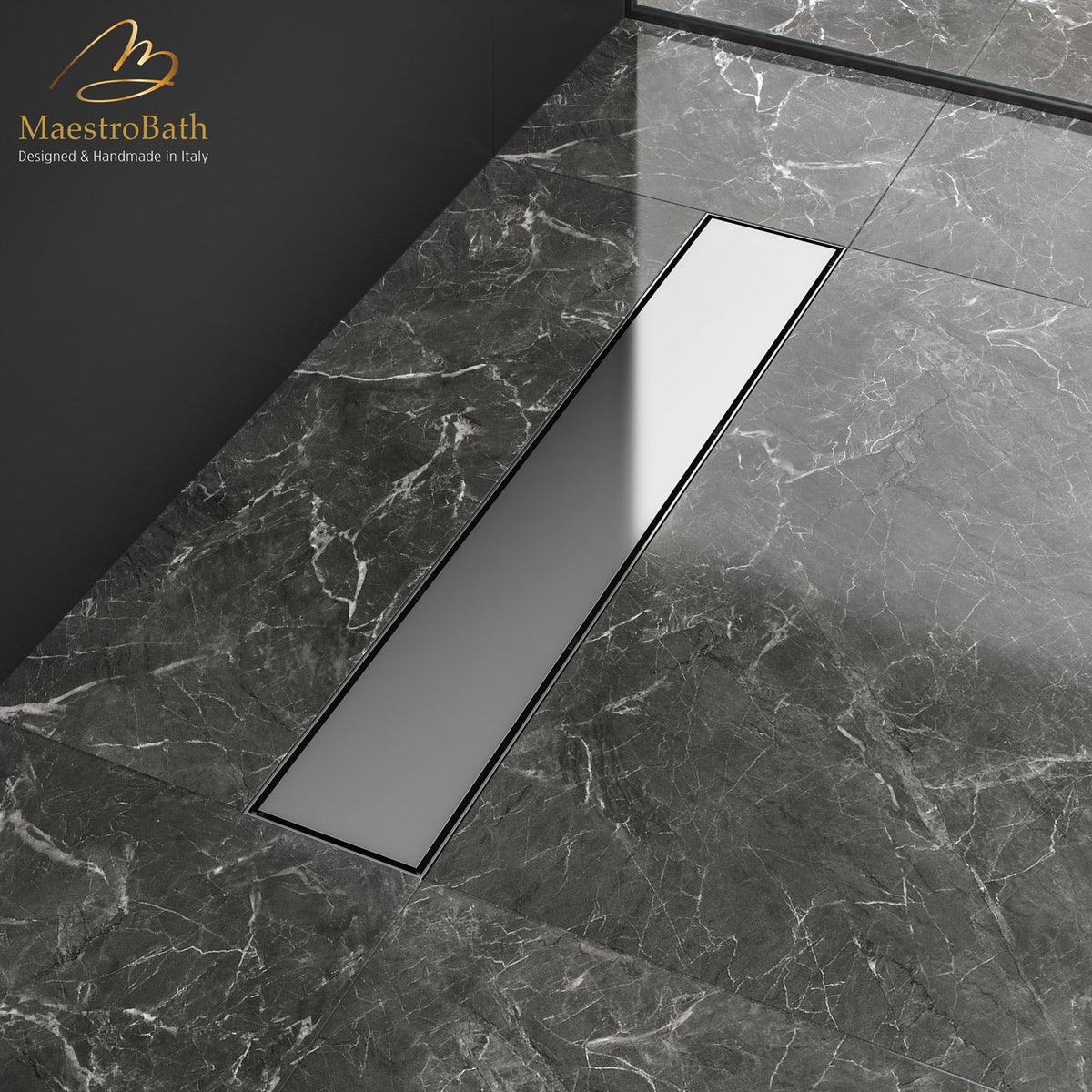 Brass linear shower drain, shown in polished chrome, 23.6 inch by 3.9 inch by 0.9 inch, made of lead-free brass