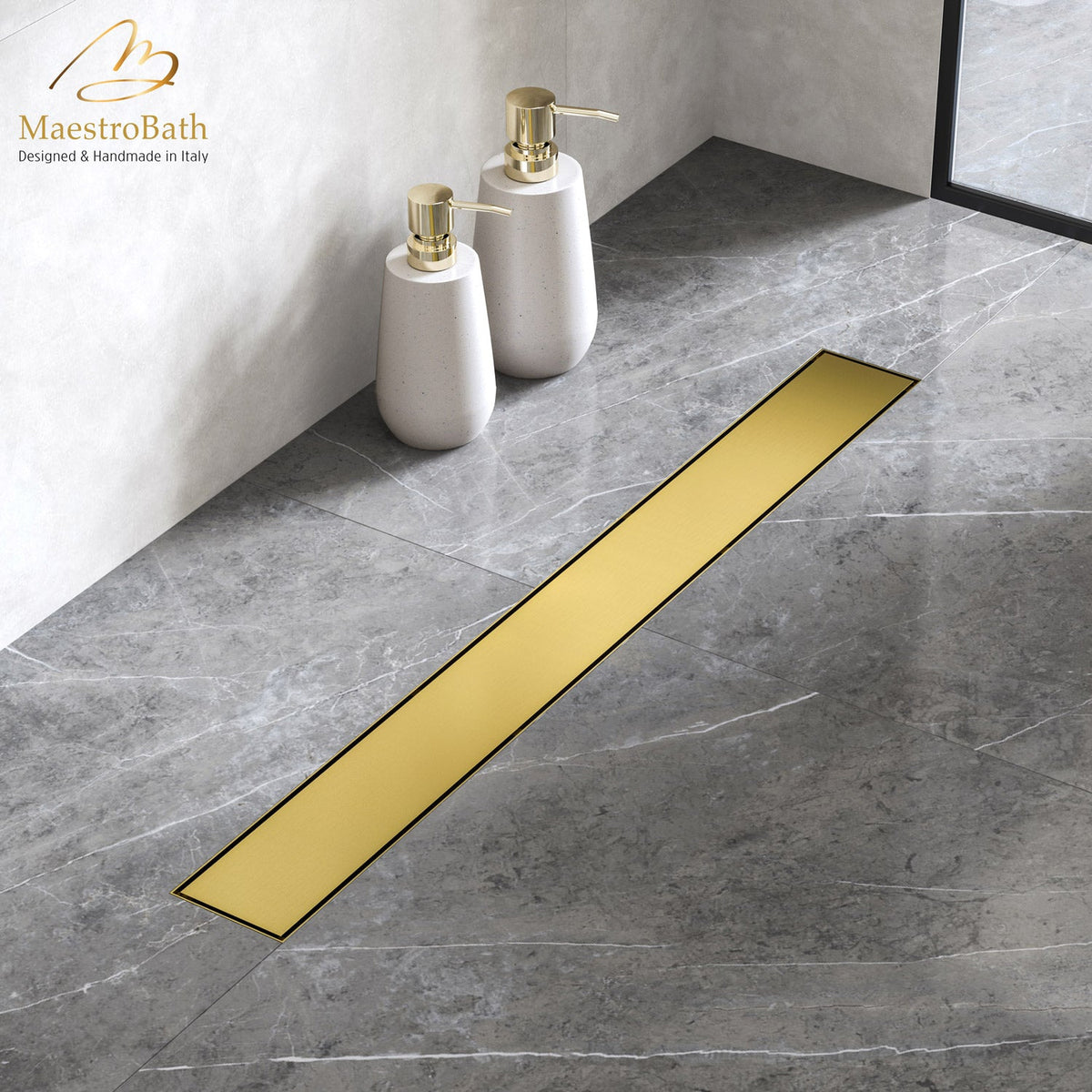 Brass linear shower drain, shown in brushed gold, 36 inch by 3.9 inch by 0.9 inch, made of lead-free brass
