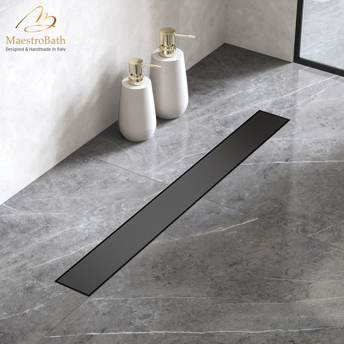 Brass linear shower drain, shown in matte black, 36 inch by 3.9 inch by 0.9 inch, made of lead-free brass