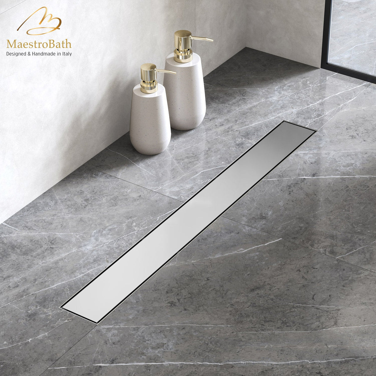 Brass linear shower drain, shown in polished chrome, 36 inch by 3.9 inch by 0.9 inch, made of lead-free brass
