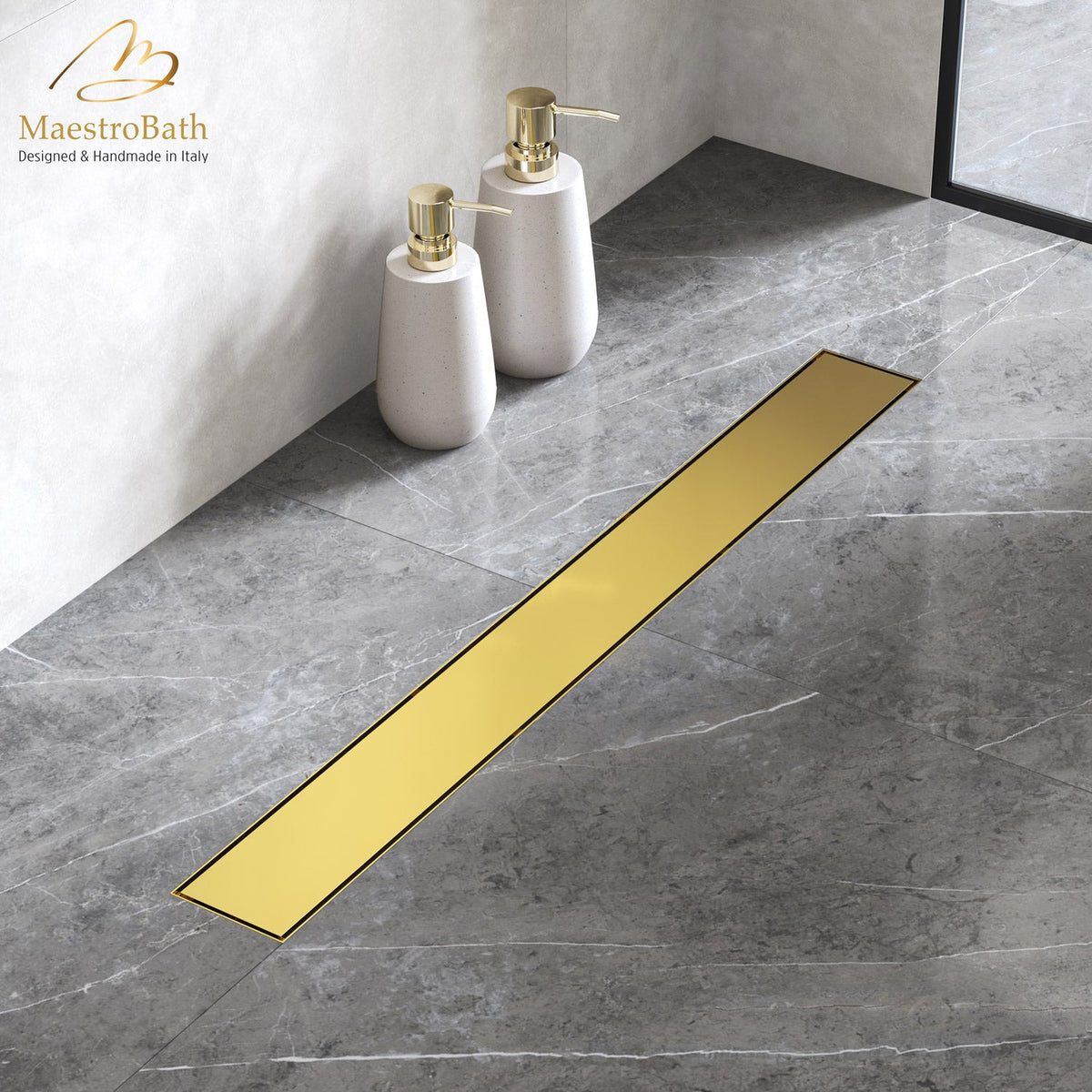 Brass linear shower drain, shown in polished gold, 36 inch by 3.9 inch by 0.9 inch, made of lead-free brass