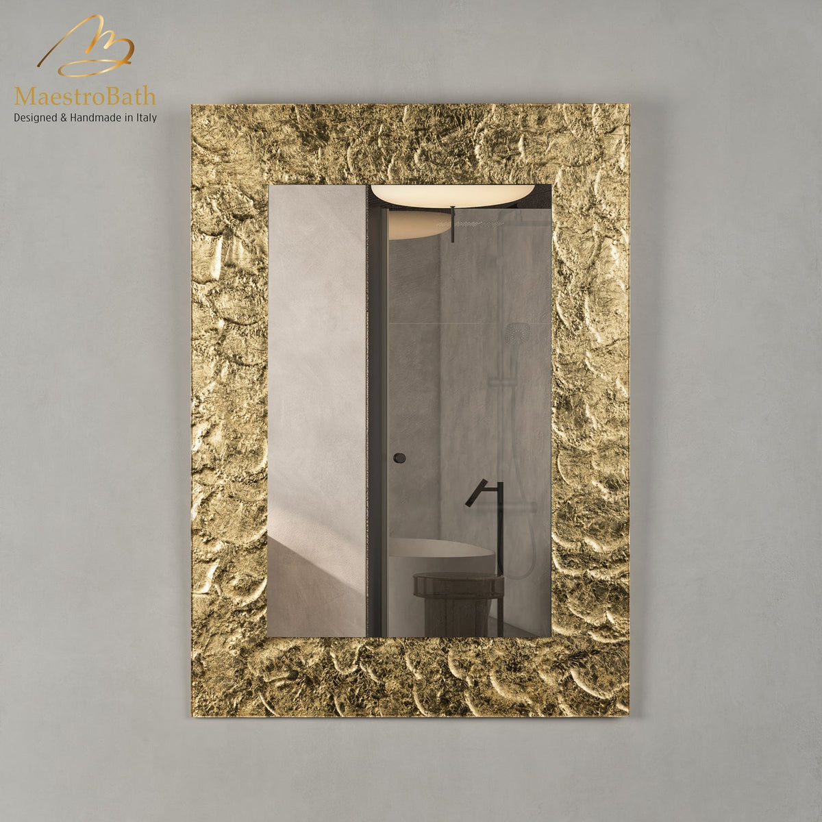 Wall mounted Murano glass bathroom vanity mirror, shown in gold leaf, 27.6 inch wide by 38.6 inch high