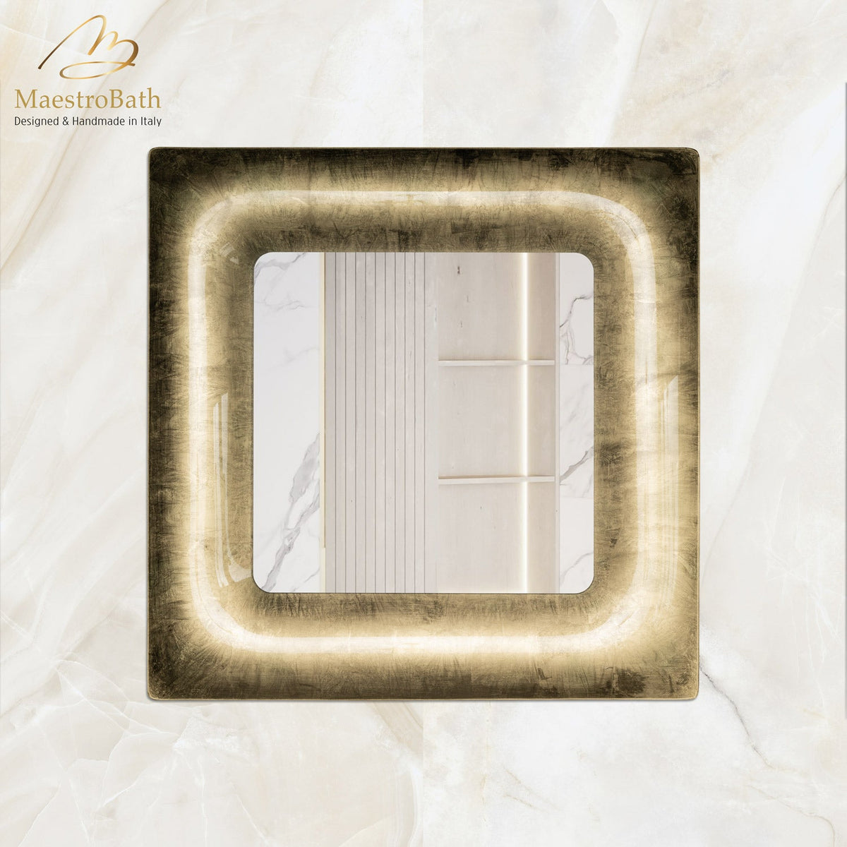 Wall mounted square resin and glass bathroom vanity mirror, shown in gold leaf