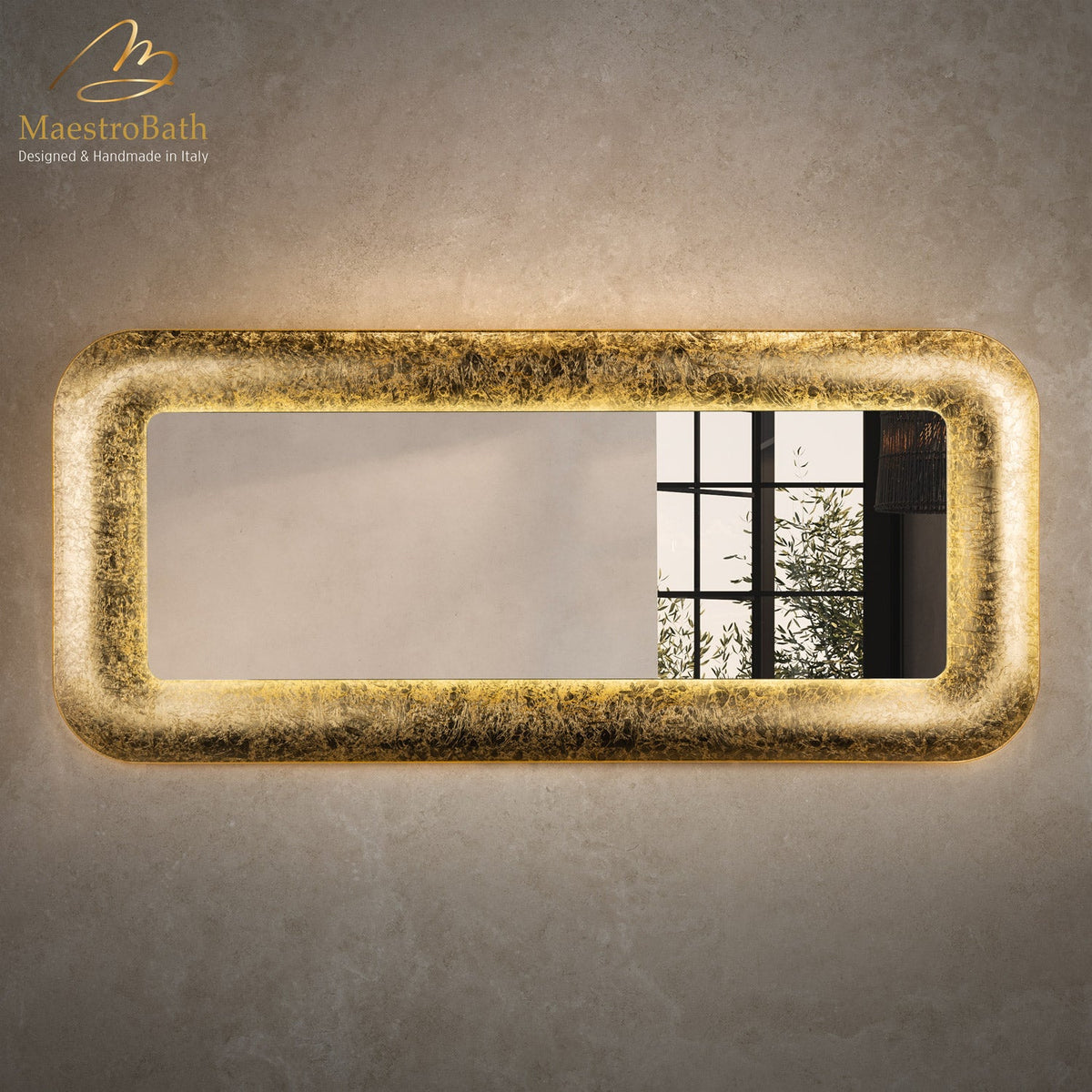 Wall mounted resin and glass bathroom vanity mirror, shown in gold leaf, 62.9 inch wide by 27.5 inch high