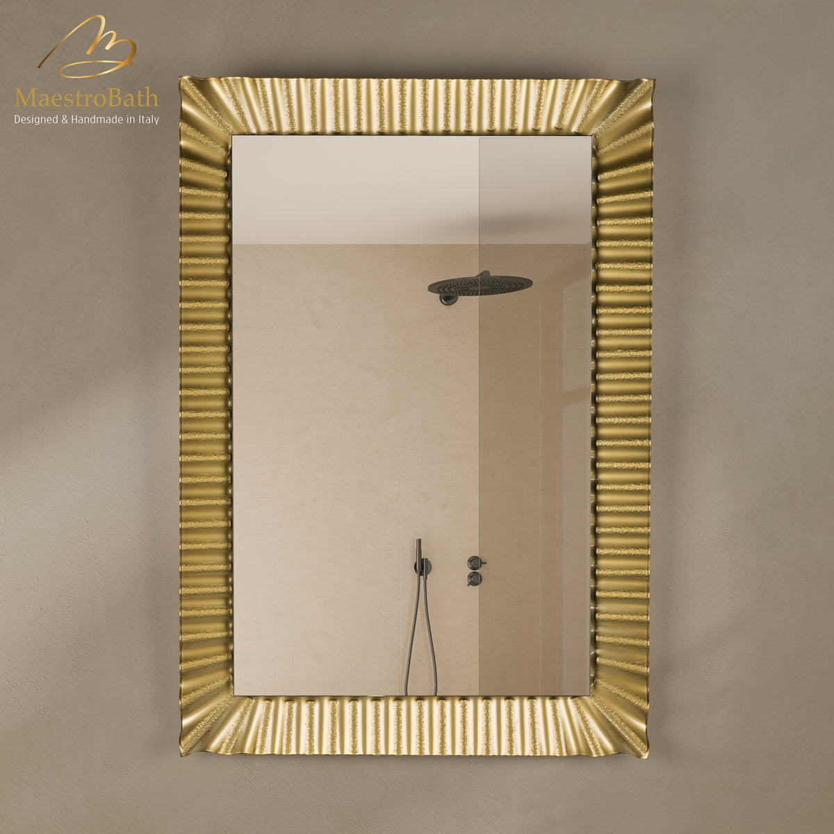 Wall mounted Murano glass bathroom vanity mirror, shown in gold, 24.8 inch wide by 35.4 inch high