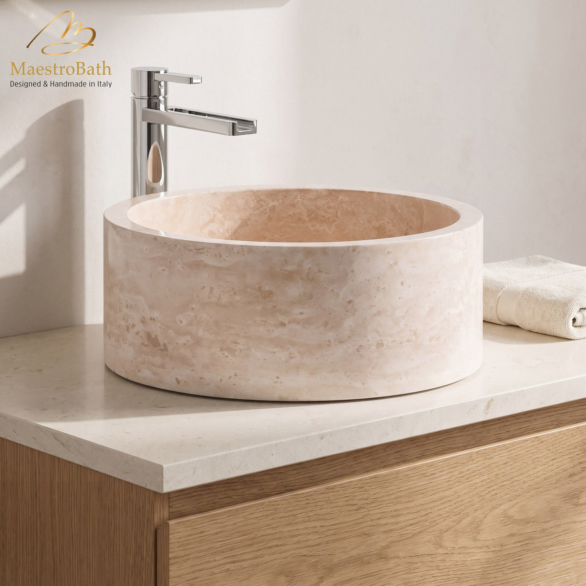Koh Samui Natural Stone Luxury Vessel Sink, shown in beige, 16 inch by 16 inch with a 6.2 inch basin depth #color_sandstone beige